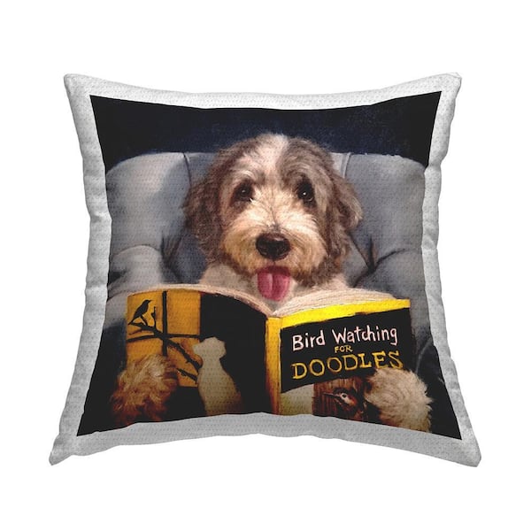 Bird Watching Doodle Funny Pet Dog Portrait Multi-Color Square Outdoor Throw Pillow