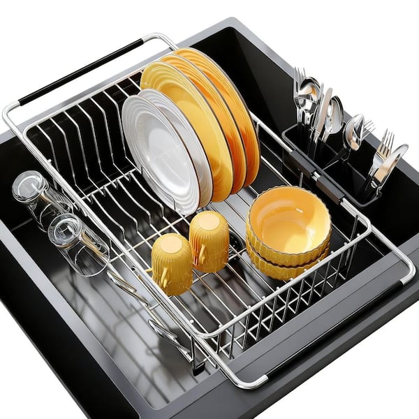 Silver Expandable Over-the-Sink Dish Rack, Stainless Steel Compact Drain Drying Rack for Small Kitchen, Countertop