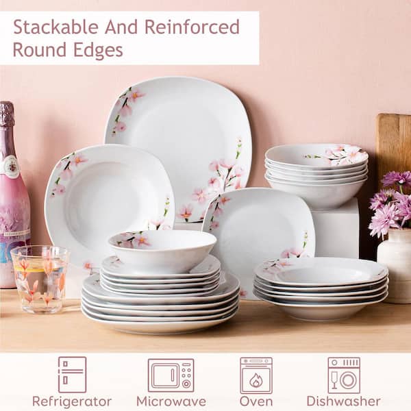 VEWEET 48-Piece Pink Floral Ivory White Porcelain Dinnerware (Set