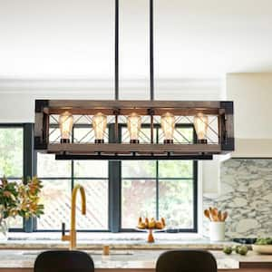 5-Light 31.5 in. W French Country Black/Dark Gray Wooden Chandelier Rectangle Pendant for Dining Room Kitchen Island