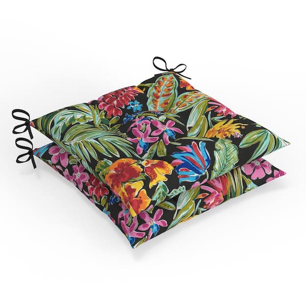 Tropic Floral 19 in W x 5 in H Square Outdoor Tufted Wicker Chair Seat Pad w/ Ties 2-Count in Island Black