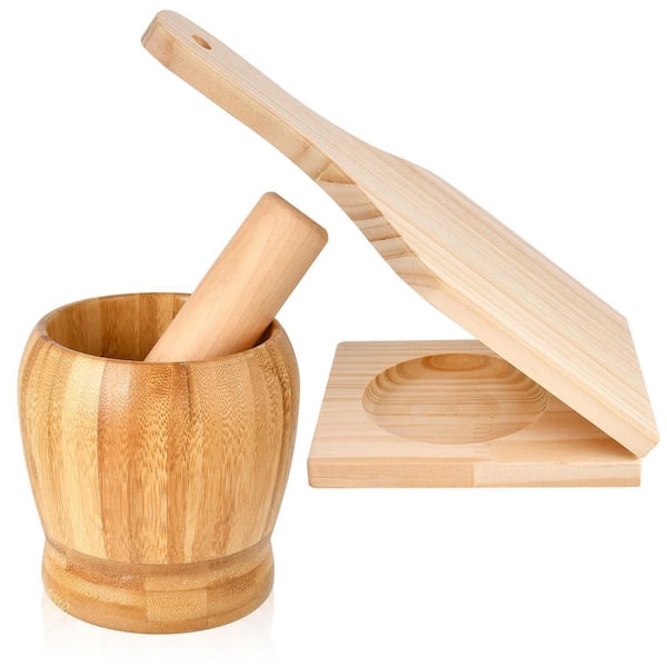 Natural Wood Finish 2 Piece Kitchen Tool Set Mortar and Pestle with Plantain Press for Garlic Spices Herbs