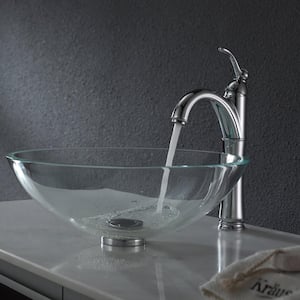 Single-Tone 16.5 in. Round Vessel Bathroom Sink in Crystal Clear Glass with Pop-Up Drain and Mounting Ring in Chrome