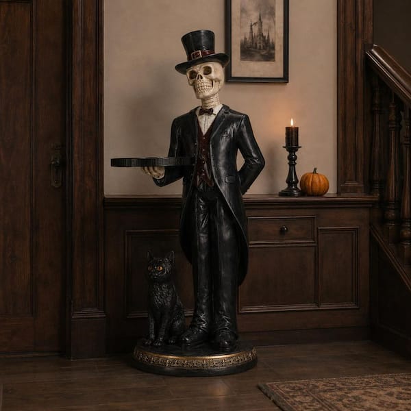 35 in. Resin Halloween Skeleton Butler Floor Statue Garden Statue with Serving Tray and Black Cat for Home Entryway