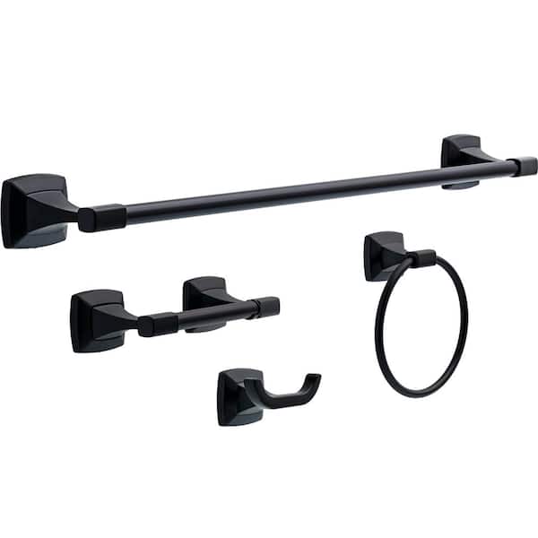 Portwood 4-Piece Bath Hardware Set with 24 in. Towel Bar, Toilet Paper Holder, Towel Ring, Towel Hook in Matte Black