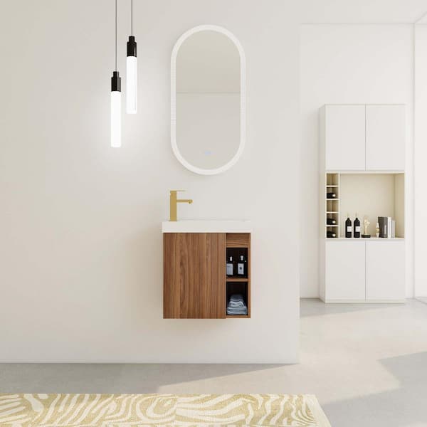 FUNKOL 19.7 in. W x 21.3 in. H Walnut Floating Wall-Mounted Bathroom Vanity with 1 White Resin Sink and Soft-Close Cabinet Door