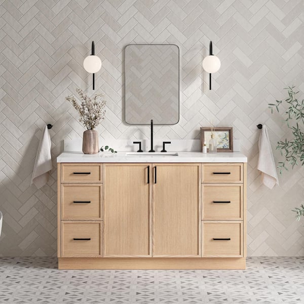 ARIEL Kelly 60.25 in. W x 22 in. D x 36 in. H Single Sink Bath Vanity in White Oak with Carrara White Quartz Top