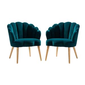 Flora Teal Mid-century Modern Scalloped Tufted Velvet Barrel Chair with Wood Legs(Set of 2)
