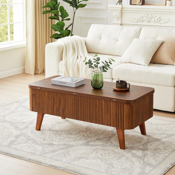 ATHMILE 42. 91 in. L Walnut Oval MDF Coffee Table With Built-in