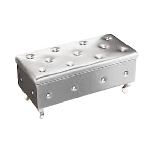 Silver Faux Leather Rectangular Storage Ottoman Bench Hinged Lid Footstool, Tufted Upholstered Bench with Crystal Button