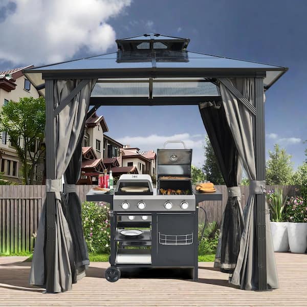8 ft. x 8 ft. Outdoor Grill Gazebo with UV-Resistant Polycarbonate Roof and Storage Hooks
