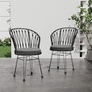 Echo Outdoor Patio Cushioned Dining Chairs, PE Rattan, Iron, Black and Grey, Set of 2