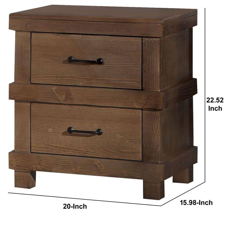 Antique Oak 2-Drawer Wooden Nightstand with Metal Handles