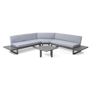 5 Seater Dark Gray Wood Outdoor Sectional Sofa Set with Gray Cushions for Patio Balcony Porch Backyard Poolside