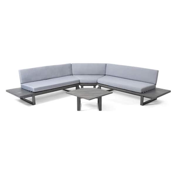 Zeus & Ruta 5 Seater Dark Gray Wood Outdoor Sectional Sofa Set with Gray Cushions for Patio Balcony Porch Backyard Poolside