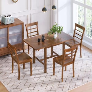 5-Piece Brown Wood Drop Leaf Breakfast Nook Extendable Dining Set with 4-Ladder Back Chairs