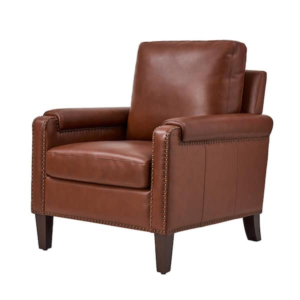 JAYDEN CREATION Leander Burgundy Genuine Leather Armchair with Removable Cushion and Nailhead Trims