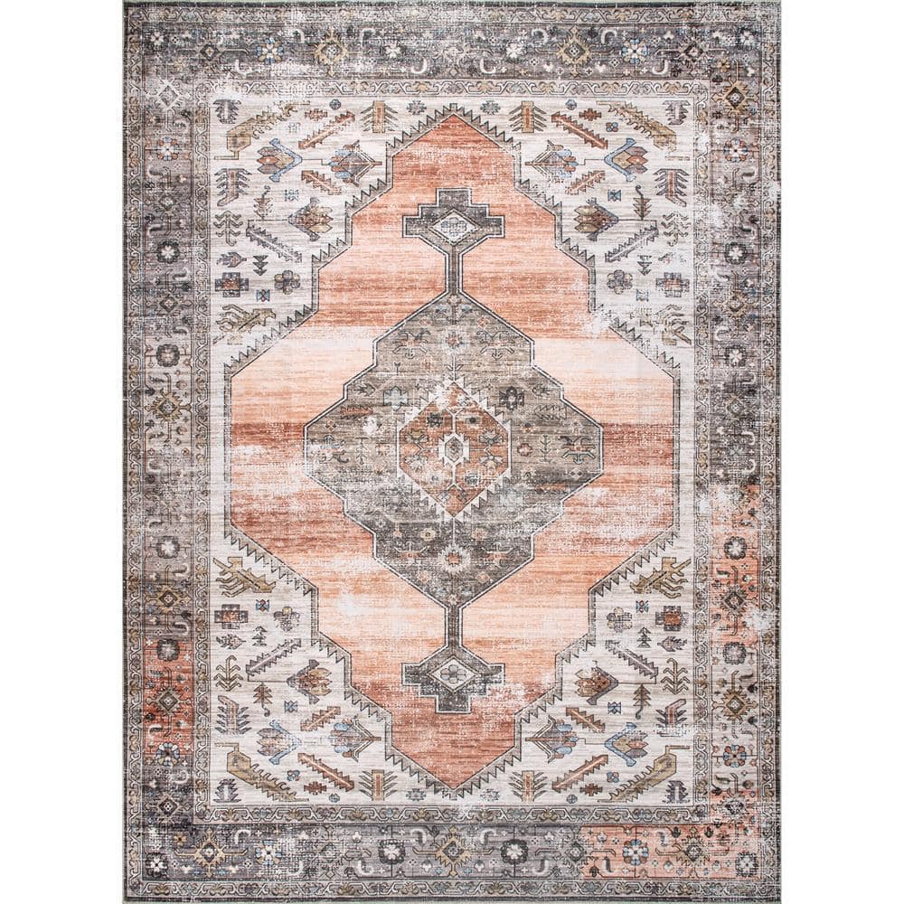 Peach Medallion Easy-Care Synthetic Rectangular Rug