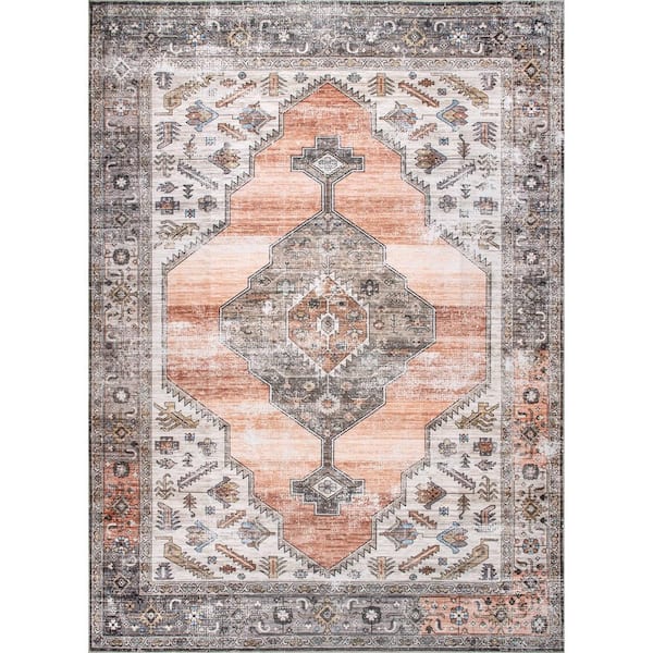 Gracie Machine Washable Distressed Medallion Peach Doormat 3 ft. x 5 ft. Indoor Area Rug