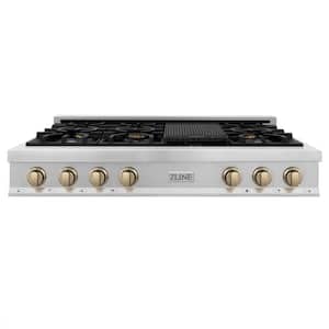 Autograph Edition 48 in. Legacy Rangetop with 7 Burners in Satin Stainless Steel with Champagne Bronze Accents