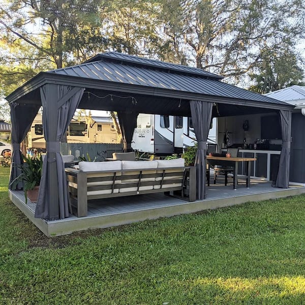 12 ft. x 20 ft. Gray Aluminum Power-Coated Frame Galvanized Steel Double Roof Hardtop Gazebo,Hooks, Netting,Gray Curtain