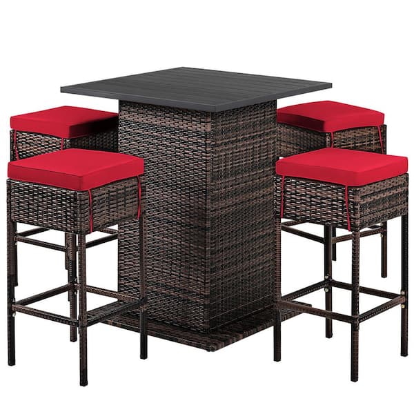 Gymax 5-Piece Patio Bar Set Rattan Bar Furniture Set with Table & 4 Cushioned Stools Red