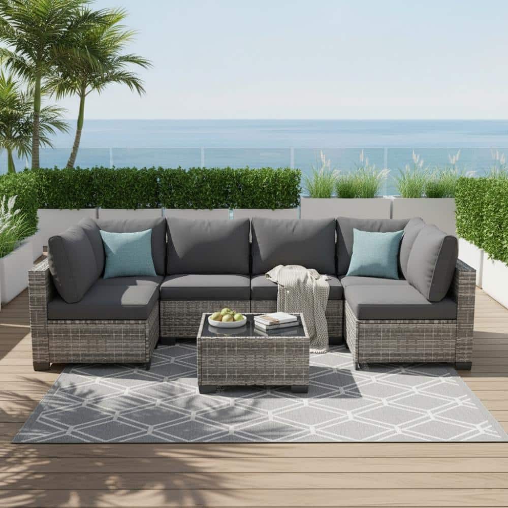 Zeus & Ruta 7-Piece Brown Wicker Outdoor Sectional Set with Blue