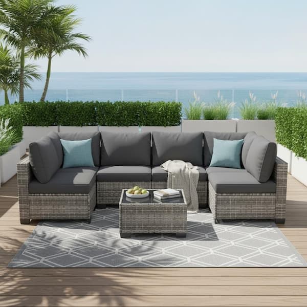 7-Piece Brown Wicker Outdoor Sectional Set with Blue Cushions for Garden Backyard