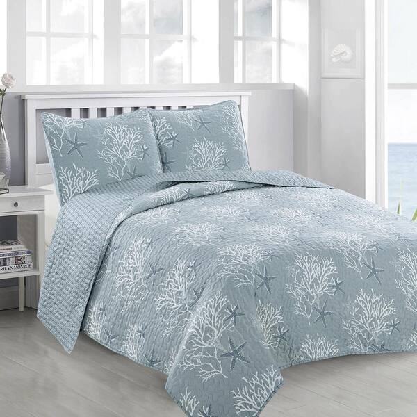 Full / Queen 3-Piece Cotton Quilt Set in Seafoam Blue Beige Floral Pattern main image 0