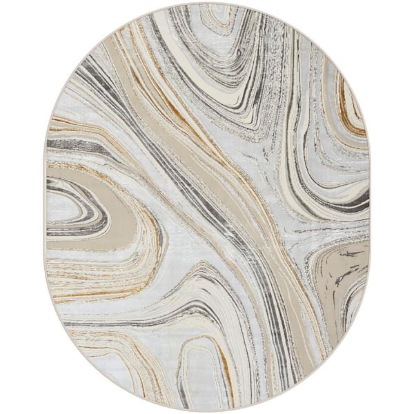 Glam Grey Gold 9 ft. x 12 ft. Abstract Contemporary Oval Area Rug