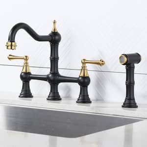 Elegant Double Handle Bridge Kitchen Faucet with Side Sprayer in Black and Gold