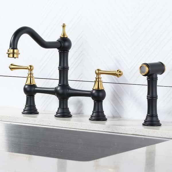 Brass 8 in. Double Handle Bridge Kitchen Faucet with Brass Valve, Side Sprayer and Supply Lines in Black and Gold