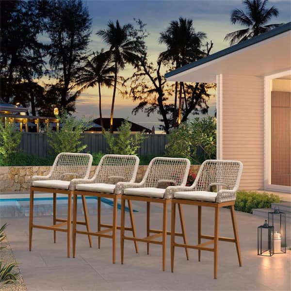 PURPLE LEAF Modern Aluminum Plaid Wicker Woven Counter Height Outdoor Bar Stool with Back and Beige Cushion (4-Pack)