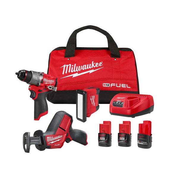 Milwaukee M12 FUEL 12-Volt Li-Ion Brushless Cordless Hammer Drill Combo Kit with Reciprocating Saw and Flood Light