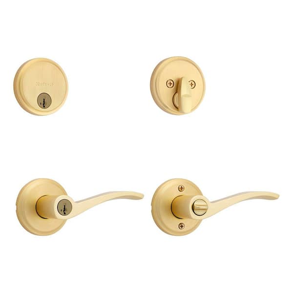 Sedona Satin Brass Keyed Entry Door Handle and Single Cylinder Deadbolt Combo Pack Featuring Smart Key Security