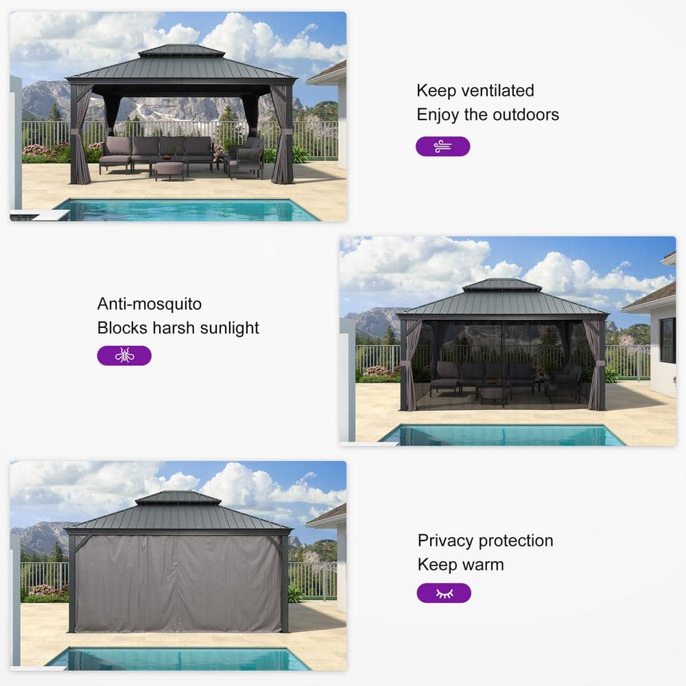 Gray Aluminum Frame 13' x 15' Hardtop Gazebo with Curtains