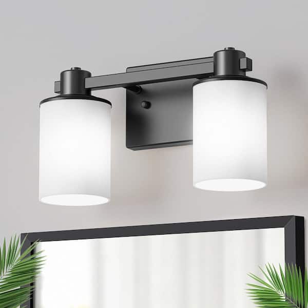YANSUN 14 in. 2-Light Matte Black Bathroom Vanity Lights Over Mirror, Frosted Glass Wall Sconce Light for Bathroom, Bedroom