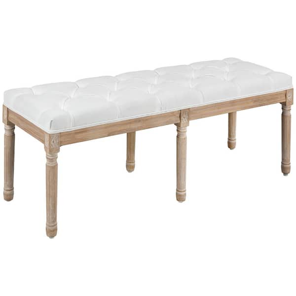 HOMCOM Cream White Bedroom Bench for End of Bed, 46 in. Upholstered Entryway Bench with Button Tufted, Thick Padding Wood Legs