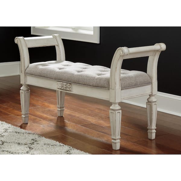 Realyn Traditional Antique White Polyester 46 in. 4-Legs Accent Bench without Back Dining Table Seat-2