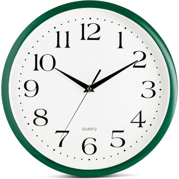 12 in. Round Hunter Green Analog Plastic Frame Non Ticking Wall Clock  Battery Operated