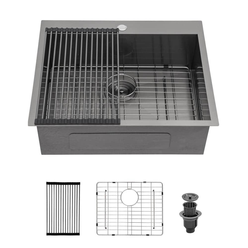 25 in. Drop-In Single Bowl 18 Gauge Gunmetal Black Stainless Steel Kitchen 