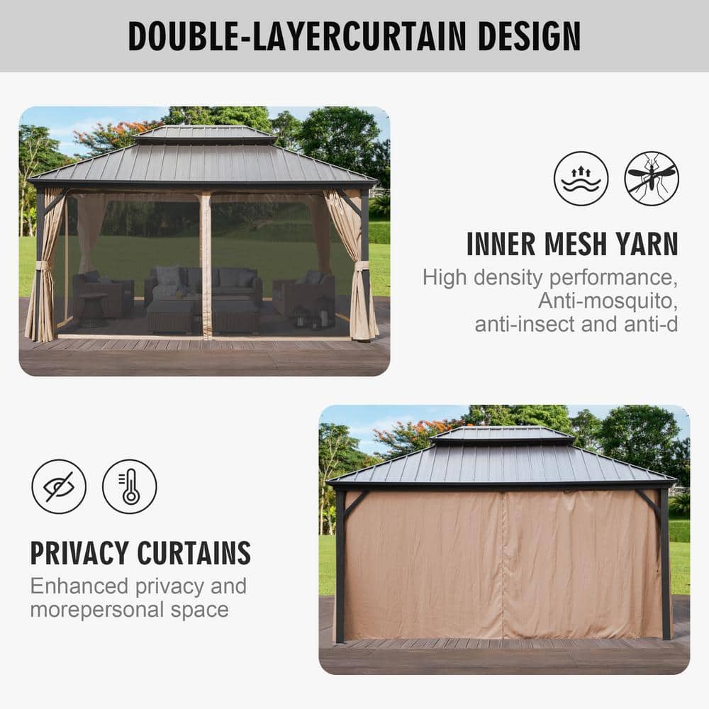 Gray 12x16ft Hardtop Gazebo with Nettings and Curtains