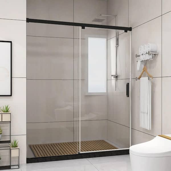 Satico 48 in. W x 76 in. H Single Sliding Frameless Shower Door/Enclosure in Matte Black Finish with Clear Glass