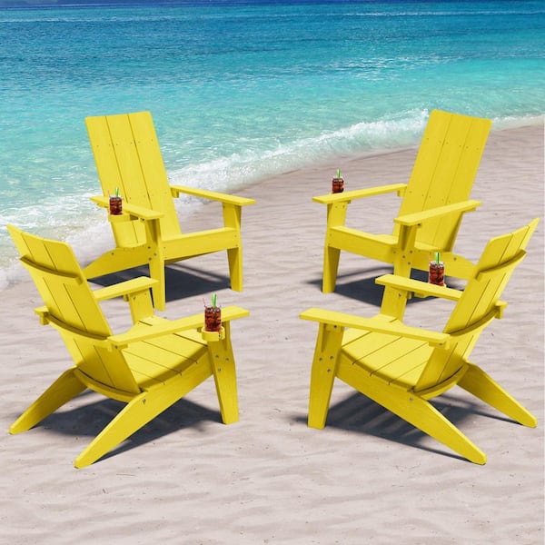 Oversize Modern Yellow Plastic Outdoor Patio Adirondack Chair with Cup Holder (4-Pack)