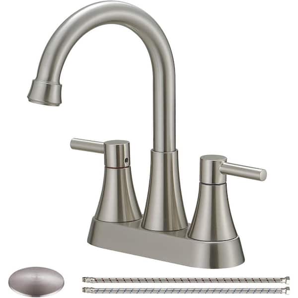 4 in. Centerset Double Handle High Arc Bathroom Faucet with Drain Kit Included RV Faucet in Brushed Nickel
