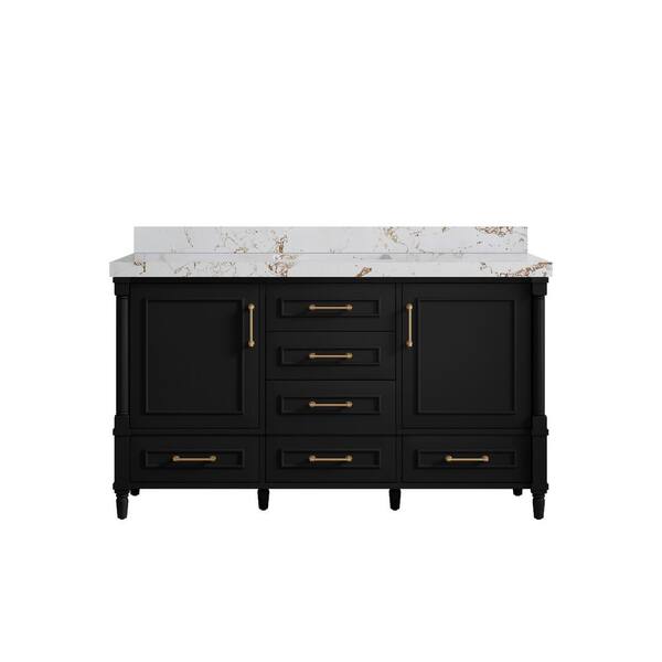 Willow Collections Hudson 60 in. W x 22 in. D x 36 in. H Single Sink Bath Vanity in Black with 2 in. Viola Gold Qt. Top