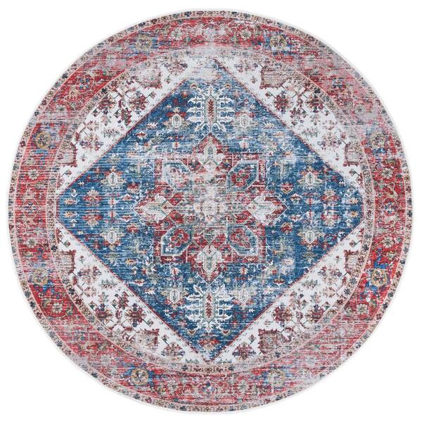Tucson Blue/Red 5 ft. x 5 ft. Machine Washable Distressed Ornate Border Round Area Rug