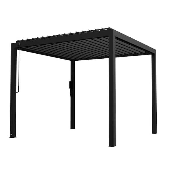 Sarasota 10 ft. x 10 ft. Black Galvanized Steel Outdoor Louvered Pergola Kit with Adjustable Steel Roof and PowerPort