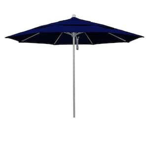 11 ft. Gray Woodgrain Aluminum Commercial Market Patio Umbrella Fiberglass Ribs and Pulley Lift in True Blue Sunbrella