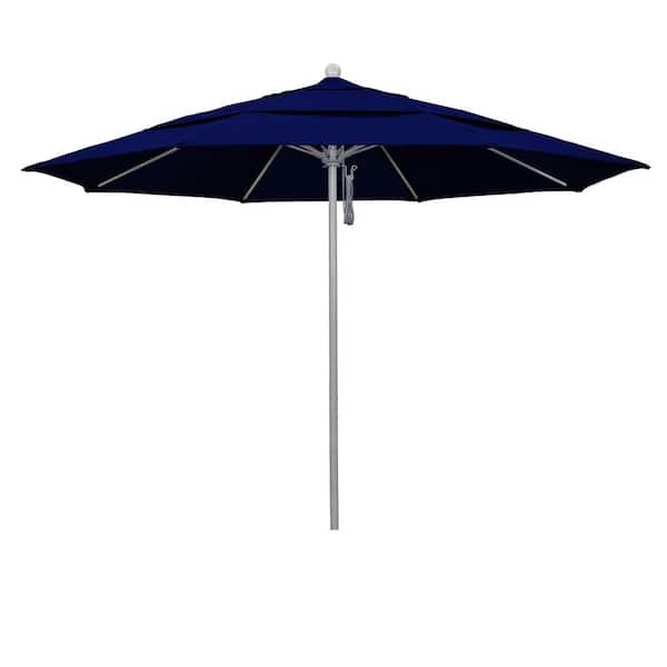 California Umbrella 11 ft. Gray Woodgrain Aluminum Commercial Market Patio Umbrella Fiberglass Ribs and Pulley Lift in True Blue Sunbrella